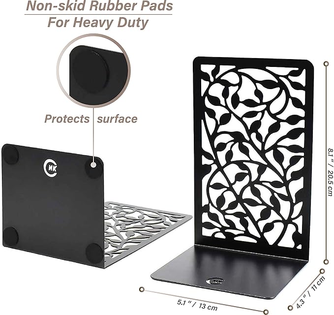 CNK Book Ends for Shelves - Metal Holders for Home Office Heavy Books, Shelf Stoppers, Decorative Set of 2 Black Infinite Leaves Bookends-Ruum Studio Home