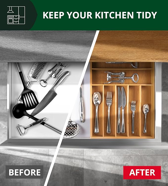 ROYAL CRAFT WOOD Luxury Bamboo Utensil Rack and Silverware Organizer, Kitchen Drawer Organizer - Utensil Holder and Cutlery Tray with Grooved Drawer Dividers for Flatware 7 Slot, Natural-Ruum Studio Home