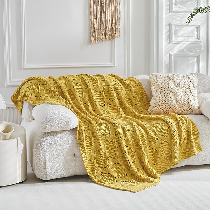 Longhui bedding Chunky Cotton Knit Throw Blanket for Couch, Sofa, Bed, or Chair, Decorative Breathable Fall Cable Knit Blanket 51 x 63 Inches, Medium Weight Mustard Yellow-Ruum Studio Home