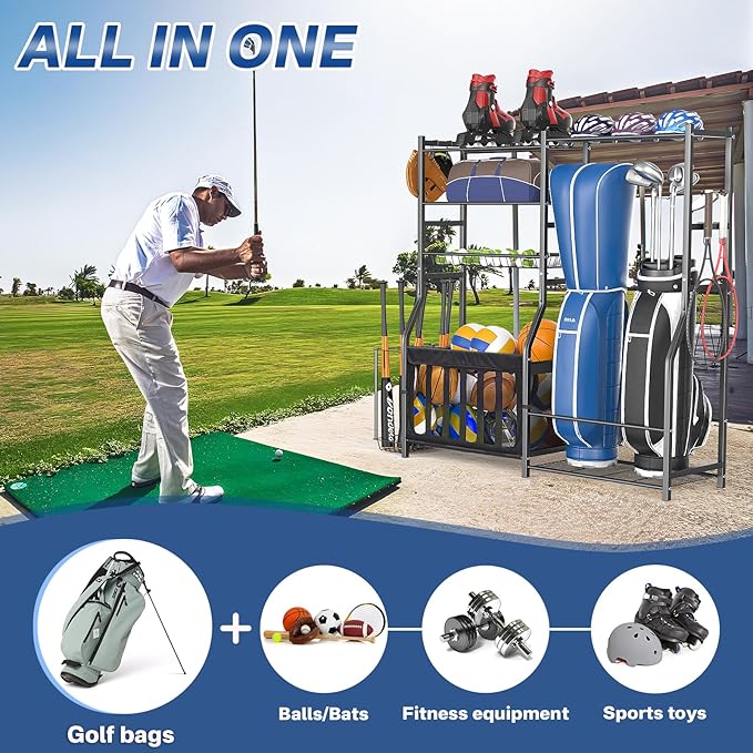 Garage Sports Equipment Organizer, Strong Load Bearing Golf Bag Organizer, Multi Use Golf Ball Rack Basketball Rack for Sports Gear and Outdoor Toy Ball Storage-Ruum Studio Home