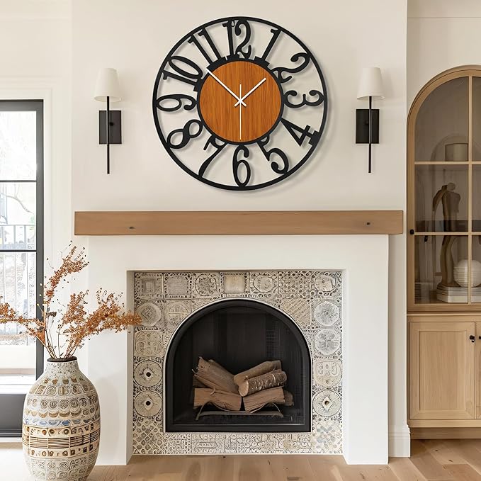 Maxstar Round Wall Clock for Living Room Decor Battery Operated Non Ticking Black Metal Wood Clocks for Home Living Room Garden Office Kitchen Decoration -13 inch-Ruum Studio Home