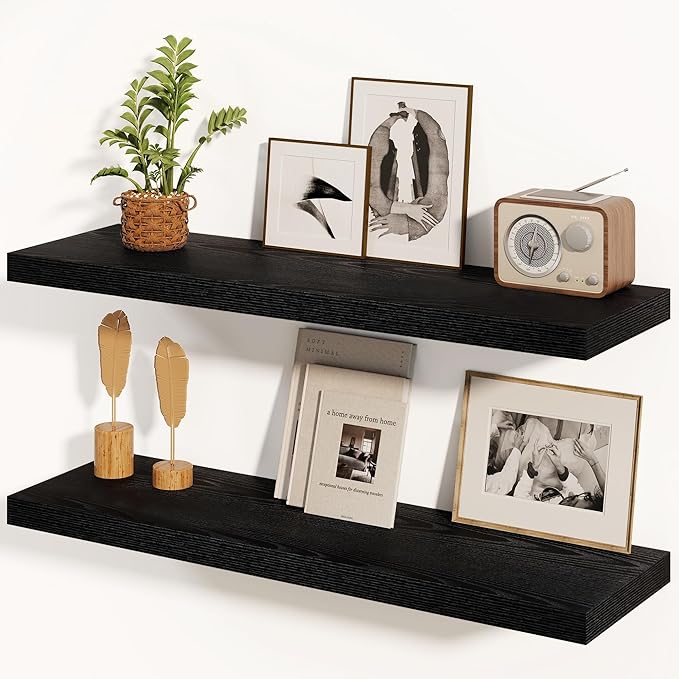 Fun Memories Black Floating Shelves 36 Inch Long, 8 Inch Deep Floating Shelf for Wall, 36" W x 8" D Wall Shelves Set of 2, Black Deep Floating Shelves for Bedroom, Living Room, Kitchen-Ruum Studio Home