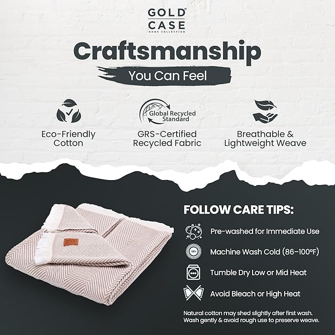 Gold Case Throw Blanket for Couch – 100% Recycled Turkish Cotton Blankets & Throws – Elegant Decorative Throw Blankets for Living Room Sofa – Woven Throws for Couch – Elegant Beige – 50x60-Ruum Studio Home