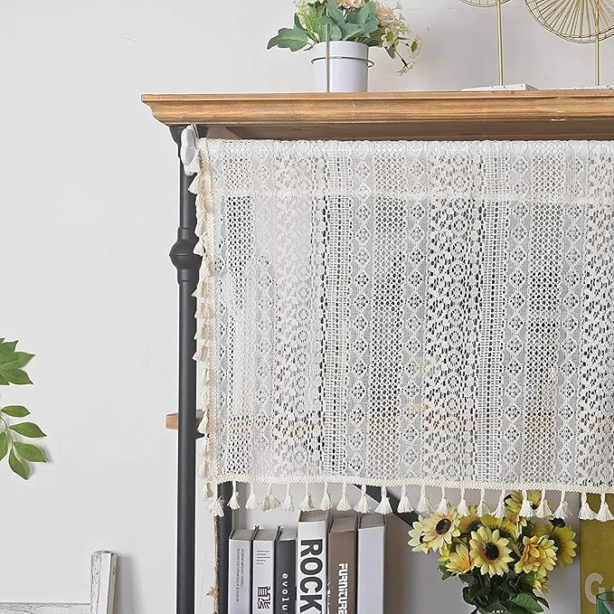 Sutuo Home Boho Sheer Curtain Valance Tier Crochet Lace with Bohemian Hollow Knitted Handmade Tassels, Short Farmhouse Window Treatment for Kitchen Cafe, Rod Pocket, 1 Panel 59" W x 36" L, Beige-Ruum Studio Home