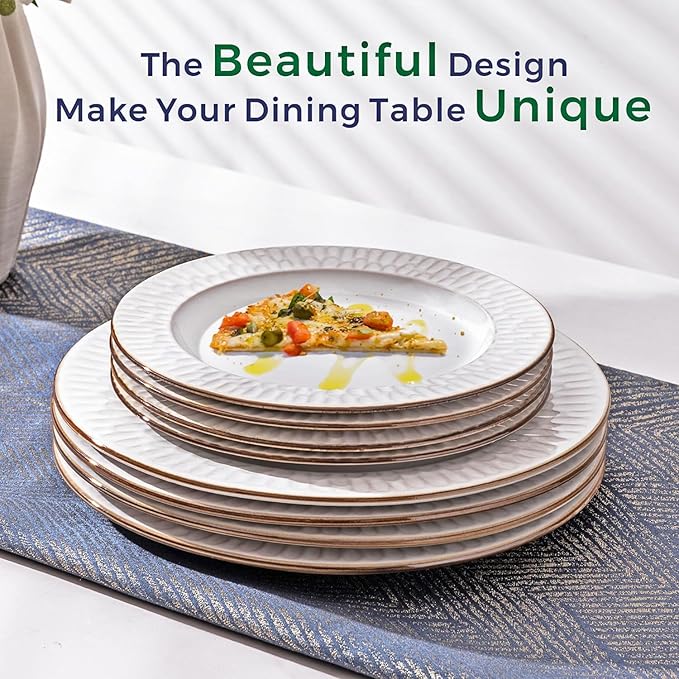 GBHOME Ceramic Dinnerware Sets,12 pcs Embossed Elegant Stoneware Plates and Bowls Sets, Housewarming Wedding Gift | Dishwasher & Microwave Safe | Dishes Set Service for 4-Ruum Studio Home