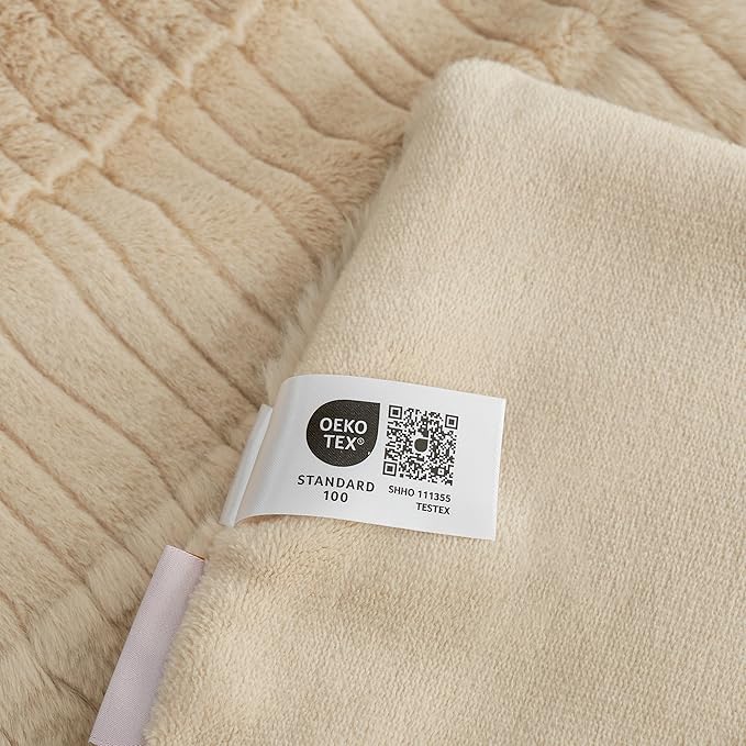 Amélie Home Luxury Striped Faux Fur Throw Blanket for Couch, Embossed Split Fur Cozy Fuzzy Fluffy Luxurious Soft Plush Sofa Chair Bed Gift Blankets for Women Men Wife Friend, 55"x70", Beige-Ruum Studio Home