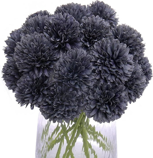 Kimura's Cabin 20Pcs Faux Mums Flowers Artificial Silk Chrysanthemums Fake Ball Flower for Halloween Fall Home Kitchen Table Decor Arrangement Decoration Bouquets (Grey Black)-Ruum Studio Home