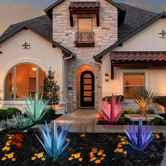 Large Tequila Rustic Sculpture, Rustic Metal Agave Plants for Outdoor Patio Yard, Home Decor Hand Painted Metal Agave Garden Yard Statue, Outdoor Lawn Ornaments (Rose Red - L (W/Solar Light))-Ruum Studio Home