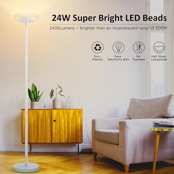BoostArea Torchiere Floor Lamp, 24W Super Bright LED Standing Lamp, Stepless Dimmable Pole Lamp with 3000K Lighting, Glass Lampshade, 71Inch Tall Metal Modern Floor lamps for Living Room/Bedroom White-Ruum Studio Home