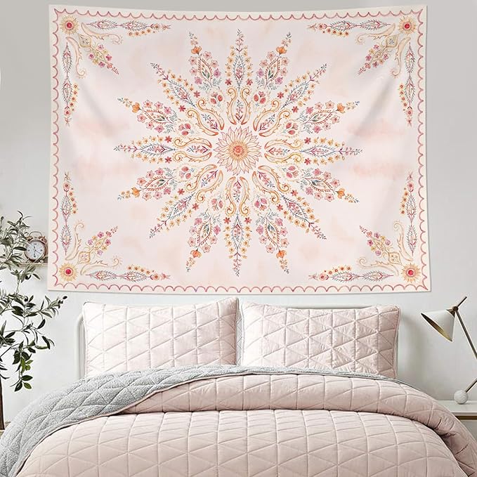 Fowocu Boho Floral Mandala Tapestry for Bedroom Aesthetic Pink Bohemian Flower Wall Tapestry Watercolor Hippie Indian Small Tapestries Wall Hanging for Living Room Dorm Decor 48 x 36 Inch-Ruum Studio Home