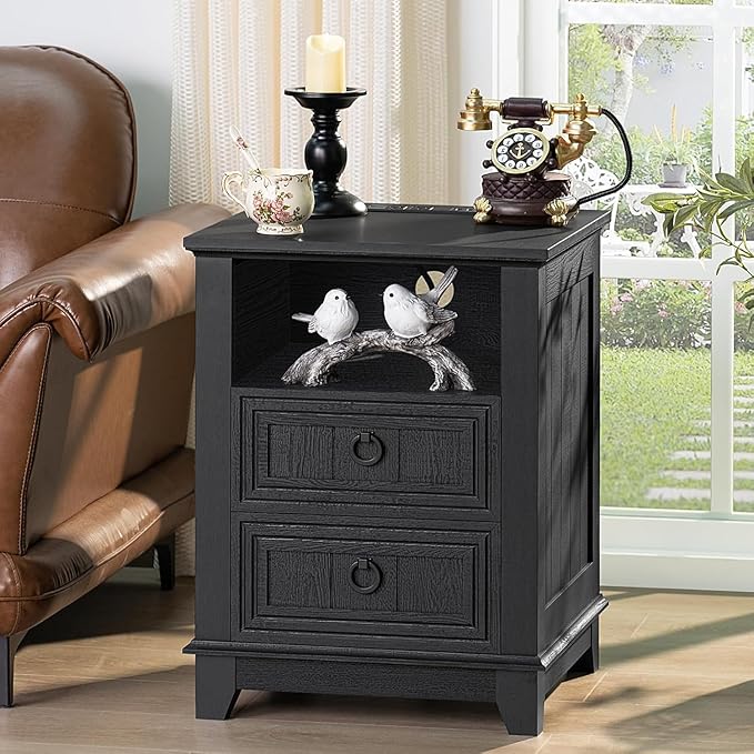 18" Night Stands Set of 2 with Charging Station, Farmhouse 2 & 3 Drawers End Table Dresser for Bedroom, Black Wooden Nightstand, Bed Side Table with Open Shelf, Bedside Cabinet for Living Room-Ruum Studio Home