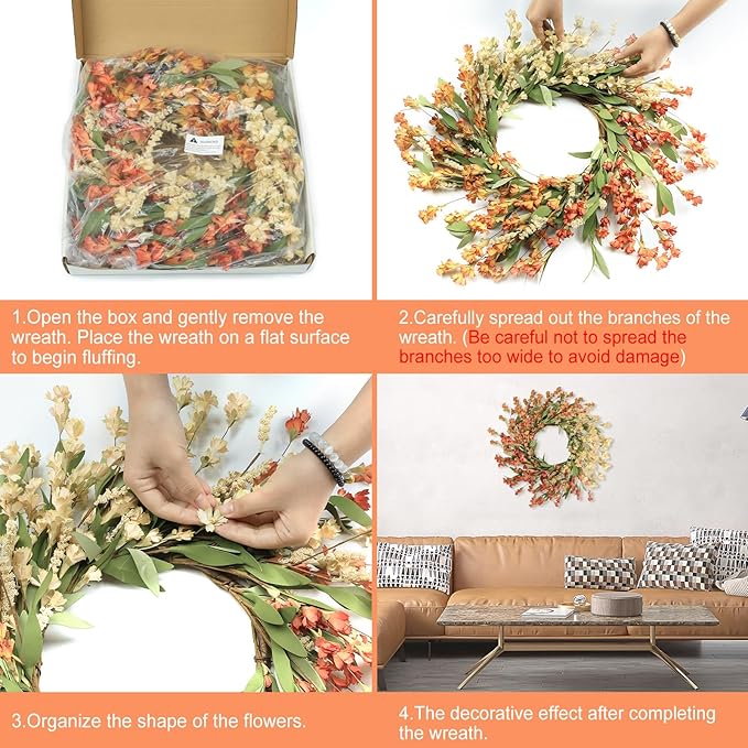 Artgar Fall Wreath, Fall Wreaths for Front Door, 24 in Fall Decor Floral Wreath, Door Wreaths for Front Door Outside All Season for Thanksgiving Home Indoor Outdoor Wall Decor (White&Orange)-Ruum Studio Home