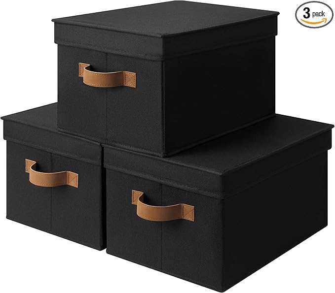 StorageWorks Large Storage Bins with Lids, Decorative Storage Boxes with Lid and PU Handles, Foldable Storage Baskets for Closet, Shelves, Stackable, Black, 3-Pack-Ruum Studio Home