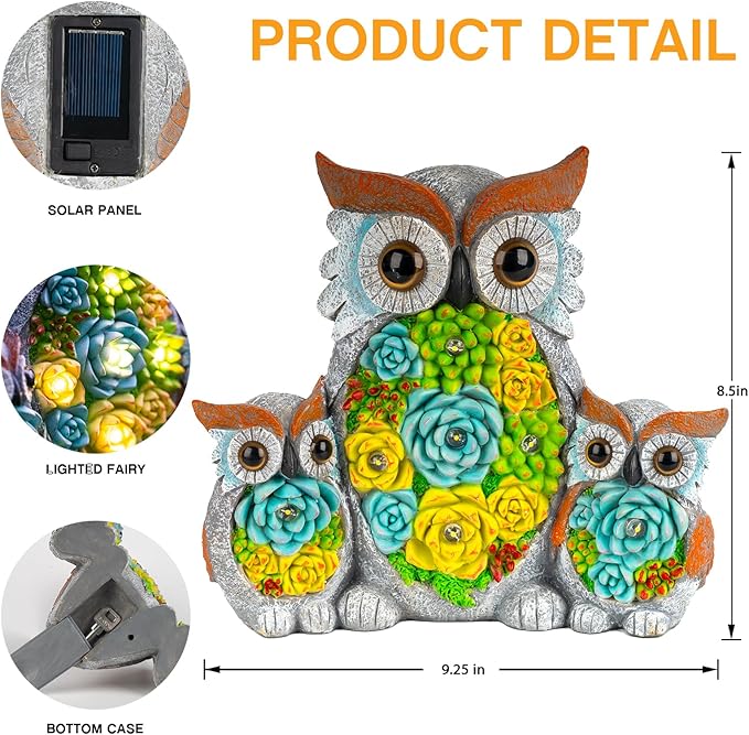 Solar Garden Statue Lights Owl Figurine with LED Lights, Outdoor Garden Succulent Ornaments, Mothers Day Mom Gifts for Outside Patio Yard Lawn Decor-Ruum Studio Home