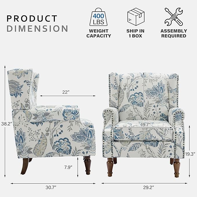 Lumibee Wingback Accent Chair, 2 Set High Back Floral Armchairs in Fabric,Comfy Upholstered Reading Single Sofa Chairs with Solid Wood Legs for Living Room,Bedroom,Office-Plants Blue-Ruum Studio Home
