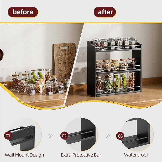 Bamboo Spice Rack Wall Mount or Tabletop Holder, 3-Tier Shelf for Seasoning Bottles Organizer, Medicine Holder (Black)-Ruum Studio Home
