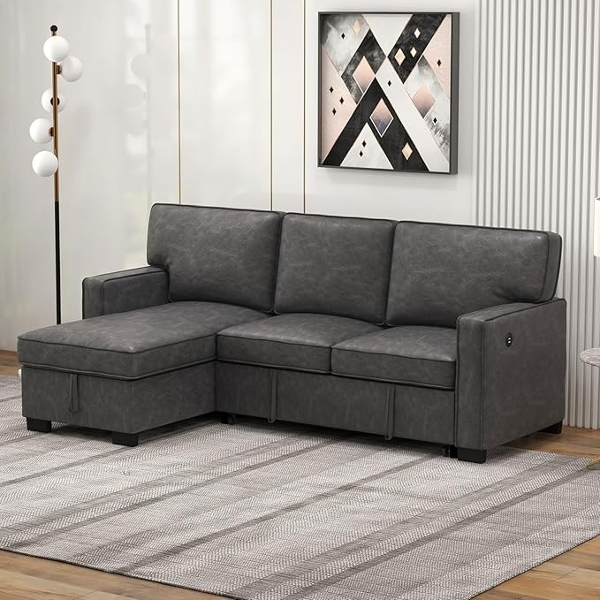 EBELLO Convertible Sleeper Sofa 3 in 1, Faux Leather Modern L-Shaped Couches for Living Room, Pull Out Sectional Futon Sofa Bed with Storage Space, USB Ports and Cup Holders for Bedroom-Ruum Studio Home