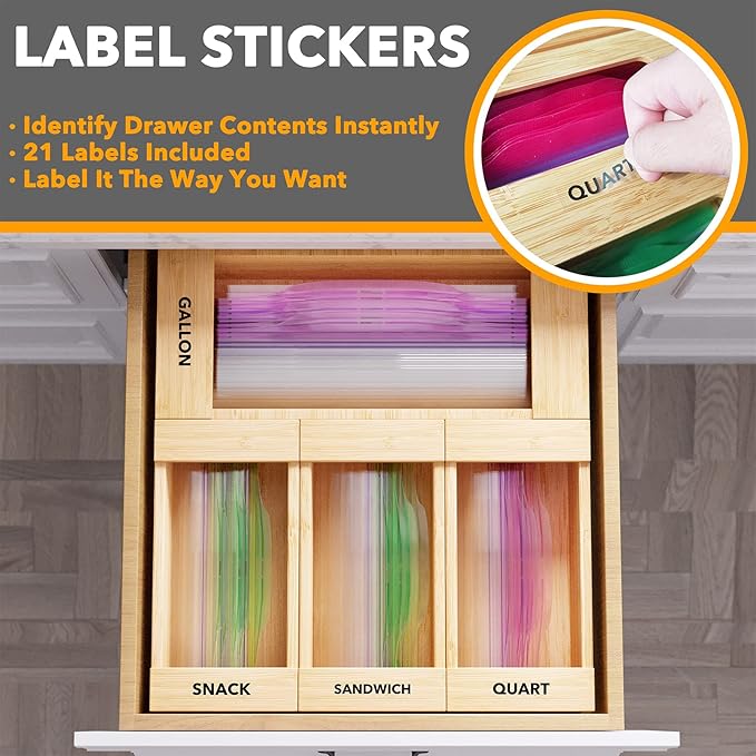 SpaceAid Bag Storage Organizer for Kitchen Drawer, Bamboo Organizer, Compatible with Gallon, Quart, Sandwich and Snack Variety Size Bag (4 Pack), 2.5" High-Ruum Studio Home