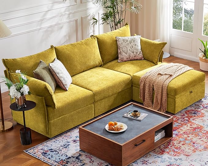 102.6" Modular Sectional Sofa, L Shaped Couch Set for Living Room, 3-Seater Comfy Cloud Couches with Movable Storage Ottoman,DIY Combination - Chenille Yellow-Ruum Studio Home
