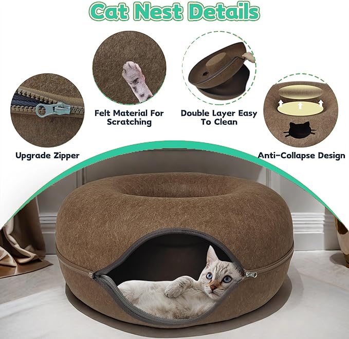 Donut Cat Tunnel Bed Peekaboo Cat Cave for Large Cats Up to 30 Lbs, Kitty Interactive Playing Tent House for Multiple Cats,Detachable,Scratch Resistant (Brown, Large - 24 Inch Diameter)-Ruum Studio Home