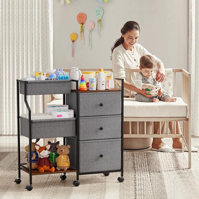 Baby Diaper Caddy Organizer and Storage - 3 Tier Rolling Cart with Dividers and Drawers, Easy To Assemble, Mobile Utility Cart with Wheels for Nursery, Bedroom, Changing Table & Crib-Ruum Studio Home