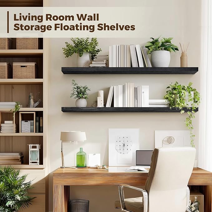 Floating Wall Shelves 2-Pack - 36-Inch Rustic Black Wooden Shelves for Storage and Décor, Easy Installation for Living Room, Bedroom, and Kitchen-Ruum Studio Home