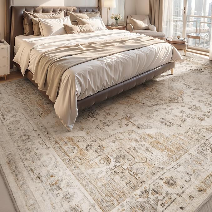 AMOAMI-6FT Round Rug-Rugs for Living Room-Vintage Soft Beige Rugs for Bedroom-Non Slip Circle Rug-Machine Washable Rug for Dining Room Living Room Bedroom Office Under Table-Ruum Studio Home