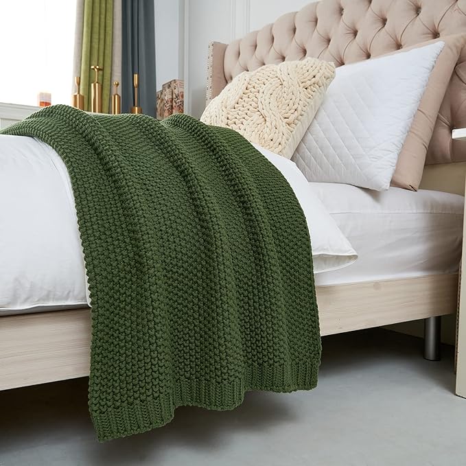 Longhui bedding Chunky Cable Knit Throw Blanket Lightweight Olive Green 100% Organic Cotton Blanket for Sofa Couch Bed Baby Nursery, Rustic Shabby Chic Modern Farmhouse, 51” x 63” Give Laundering Bag-Ruum Studio Home
