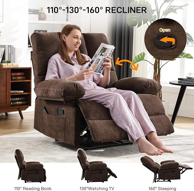 Oversized Recliner Chair Extra Wide Large Recliner for Adults 350lbs with Lumbar Support Pillow Nursery Chair Living Room (Manual, BROWN-6008)-Ruum Studio Home