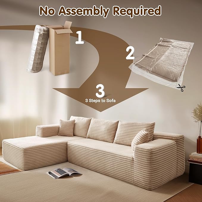 ovios 104" Cloud Sectional Couch with L-Shape Chaise,Modern Modular Sofa with Deep Seat, Upholstered Couches for Living Room Bedroom,No Assembly Required, Beige (Plush Corduroy Fabric)-Ruum Studio Home