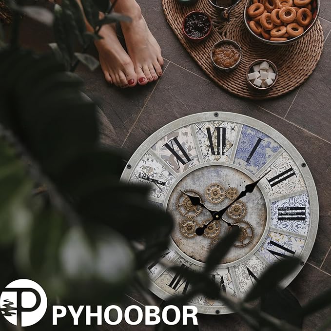 Unique Moving Gear Large Wall Clock 21inch-Battery Powered. Retro Industrial Steampunk Country Farmhouse Decor for The Living Room Kitchen Bars cafes Offices(whith/metal/21)-Ruum Studio Home