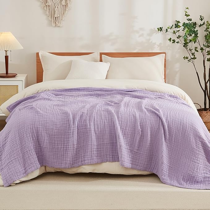 EMME Cotton Muslin Blanket King Size - Soft, Breathable Layering Blanket, 108"x90", All Season Gauze, Lavender-Ruum Studio Home
