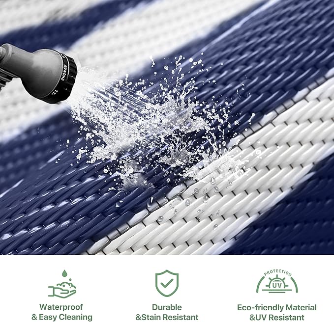 GENIMO Outdoor Rug Waterproof for Patio Decor, 6'x9' Foldable Reversible Plastic Straw Carpet for Travel Trailers, Outside Area Mat for Rv, Deck, Picnic, Porch, Camper, Balcony, Beach, Blue & White-Ruum Studio Home