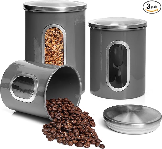 Moss & Stone 3-Piece Gray Canisters Sets For The Kitchen, Airtight Canister Set With See Through Window, Storage Jars for Coffee Container, Tea Organizer & Sugar Canister, Gray Kitchen Canisters-Ruum Studio Home