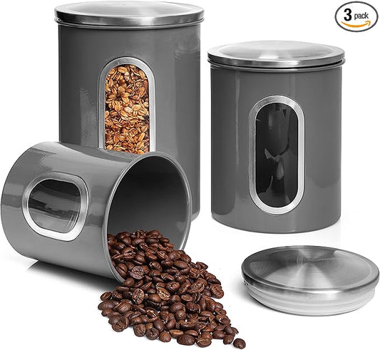 Moss & Stone 3-Piece Gray Canisters Sets For The Kitchen, Airtight Canister Set With See Through Window, Storage Jars for Coffee Container, Tea Organizer & Sugar Canister, Gray Kitchen Canisters-Ruum Studio Home