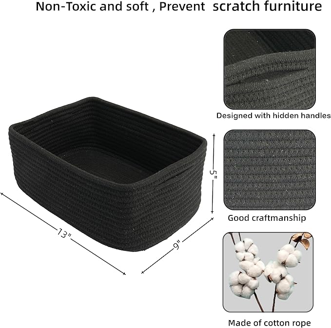 Small Woven Storage Baskets 13“X9”X5“ Decorative Rope Bins for Organizing Shelves, Closets, and Toys, Empty Gift Baskets, Cute Organizer Basket for Home and Office (black, Large)-Ruum Studio Home