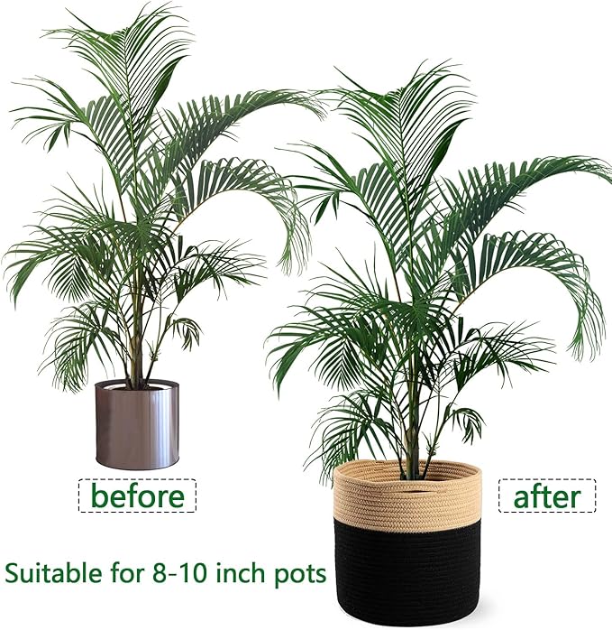 Woven Cotton Rope Plant Basket for 10" Flower Pot Floor Indoor Planters Flower Pot, Home Decor Storage Organizer H11 x W11 Black&Brown-Ruum Studio Home
