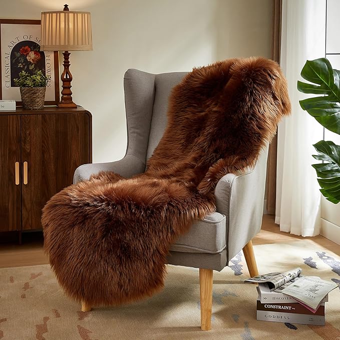 AMTOVO Faux Sheepskin Rug, Coffee Ultra Soft Fluffy Shag Area Rug, 2 x 6 ft Faux Fur Rug for Bedroom Sofa Throw Cushion Room Decor, Sheepskin-Ruum Studio Home