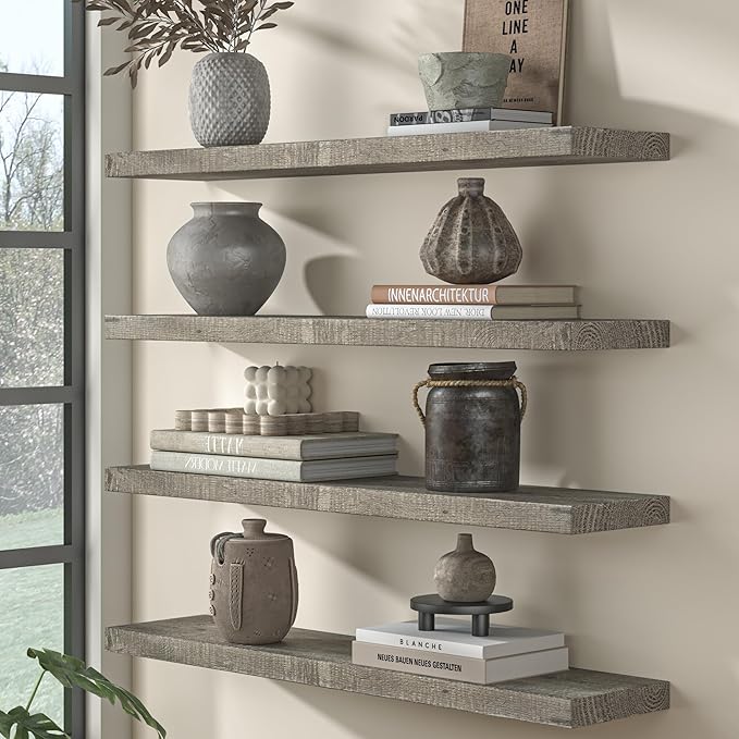 Fun Memories Floating Shelves for Wall Decor, 36"x8" Rustic Reclaimed Wood Shelves, Heavy-Duty Wall Mounted Shelves with Invisible Brackets, Set of 2for Living Room, Bedroom, Kitchen, Grey Finish-Ruum Studio Home