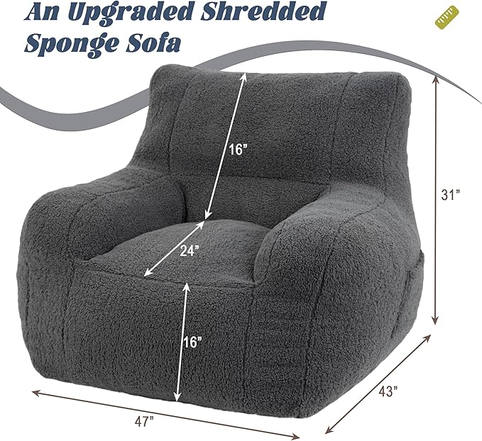Giant Bean Bag Chair, Lambswool Bean Bag Chair for Adults, Soft Bean Bag High-Density Foam Filled, Grey Comfortable Been Bag for Bedroom, Playroom.-Ruum Studio Home