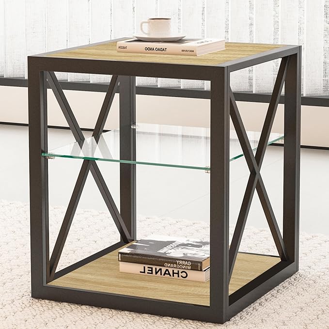 Farmhouse End Table, Modern Side Table with 3-Tier Storage Shelf, Square Rustic Nightstand, Accent Tea Table, for Bedroom Office Living Room, Brown, Natural Wood, Glass, Metal-Ruum Studio Home
