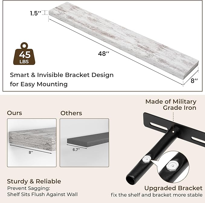 RICHFOCUS 48Inch Floating Shelves for Wall 2 Pack Shelves for Bedroom|Kitchen|Bathroom Wall Mounted Rustic Distressed Wood Floating Shelf with Invisible Brackets for Books|Storage|Decor, Rustic-Ruum Studio Home