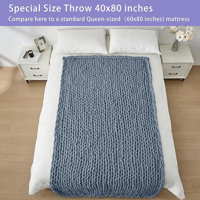 Bigacogo Chunky Knit Throw Blanket for Couch, 40x80 inches, 100% Hand Knitted with Thick Jumbo Chenille Yarn, Cozy Soft Large Rope Knot Cable Crochet Blankets for Sofa Bed Living Room, Cold Sea Blue-Ruum Studio Home