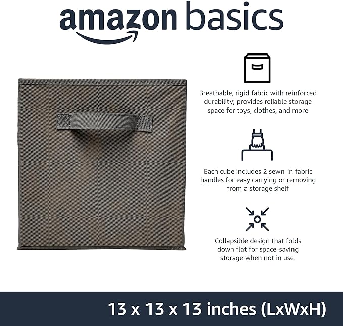 Amazon Basics Collapsible Fabric Storage Cube Bins Organizer with Handles, Sturdy, Gray, 13-x-13-x-13-inch, Pack of 6-Ruum Studio Home