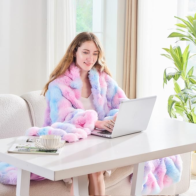 Lotus Karen Faux Fur Throw Blanket Tie-Dye Purple Rainbow - Big Bubble Rabbit Fluff Blanket for Couch, Large Fluffy Fuzzy Cozy Blanket,Thick Furry Plush Shaggy Blankets,90x90 Inches-Ruum Studio Home