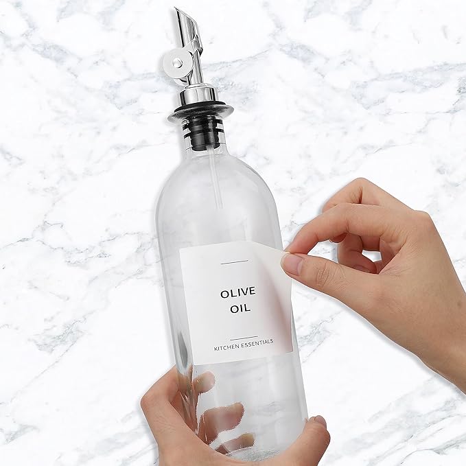 Olive Oil Dispenser Bottle - Includes 55 Kitchen Essential Labels - Cooking Oil Bottles for Kitchen, Coffee Syrup Dispenser - Pourer Spout with 16.9 fl oz Glass Container Cruet - 2pcs Silver-Ruum Studio Home