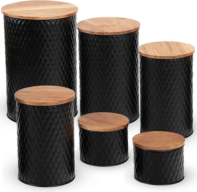 6 Canister Set for the Kitchen Countertop – Metal Food Storage Canisters with Airtight Lids for Flour, Tea, Crafts, Coffee, & Sugar – Container Set with Modern Wood Lids, Black-Ruum Studio Home
