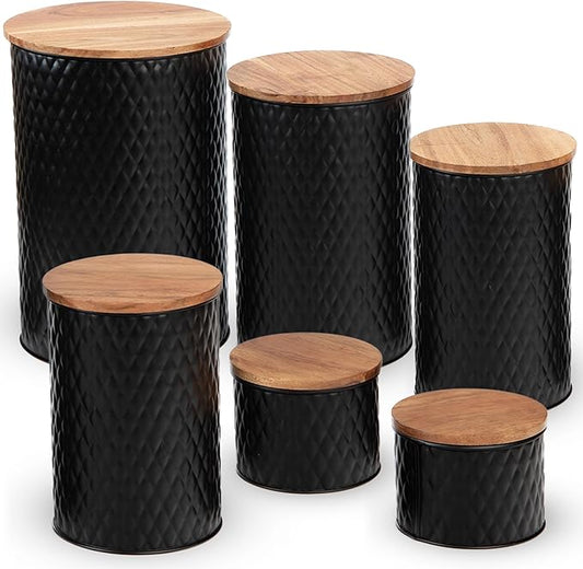 6 Canister Set for the Kitchen Countertop – Metal Food Storage Canisters with Airtight Lids for Flour, Tea, Crafts, Coffee, & Sugar – Container Set with Modern Wood Lids, Black-Ruum Studio Home