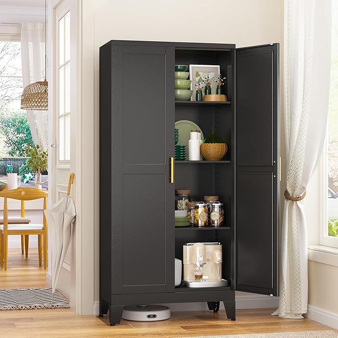 Metal Storage Cabinet With 2 Doors and 3 Adjustable Shelves, Black Kitchen Pantry for Food, Utility Cabinet for Laundry Room, Cupboard-Ruum Studio Home