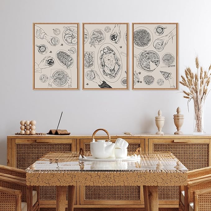 HPINUB Vintage Food and Drink Framed Canvas Wall Art Set,Sketch Pizza Cheers Wall Decor,Thanksgiving Dinner Turkey Artwork,Black and white Art Prints for Kitchen,Dining Room,Gatherings Decor-16"x24"x3-Ruum Studio Home